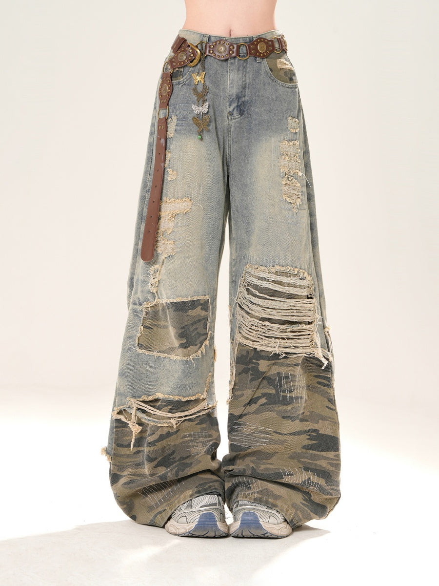 Ripped Camouflage Switching Wide-leg Jeans KK2045