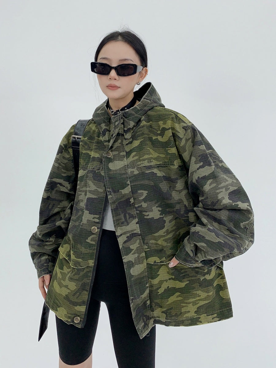 Military Design Distressed Camouflage Hooded Jacket MW9572