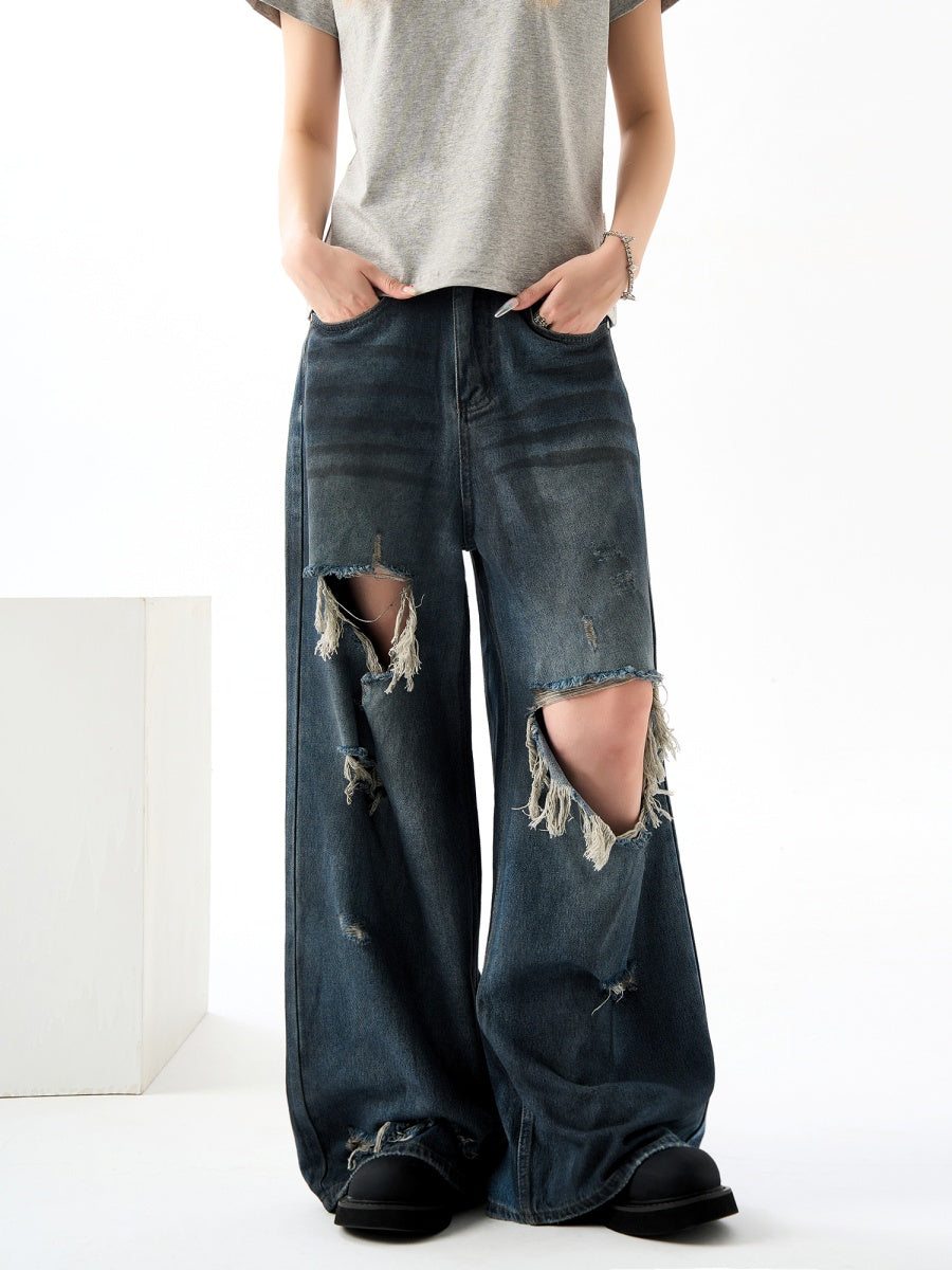 Ripped Street Loose Mop Wide-leg Vintage Jeans HG7171