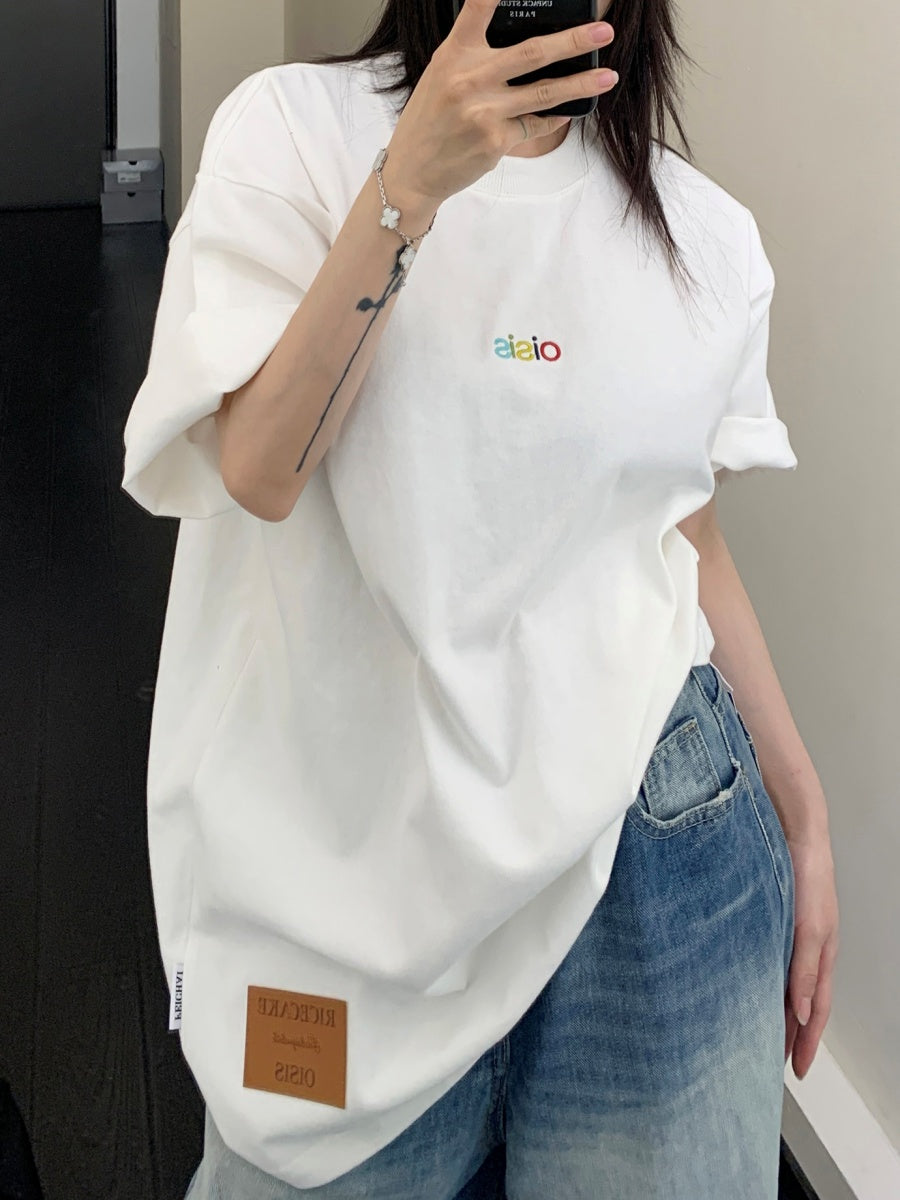 Simple Color Letter Embroidery T-shirt MW9258