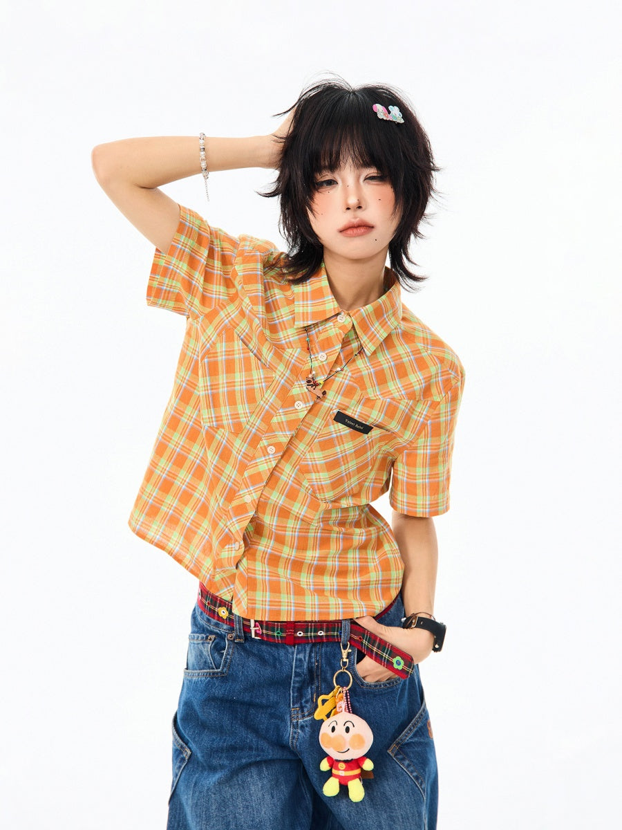 Plaid Short Sleeve Cropped Shirt MW10101