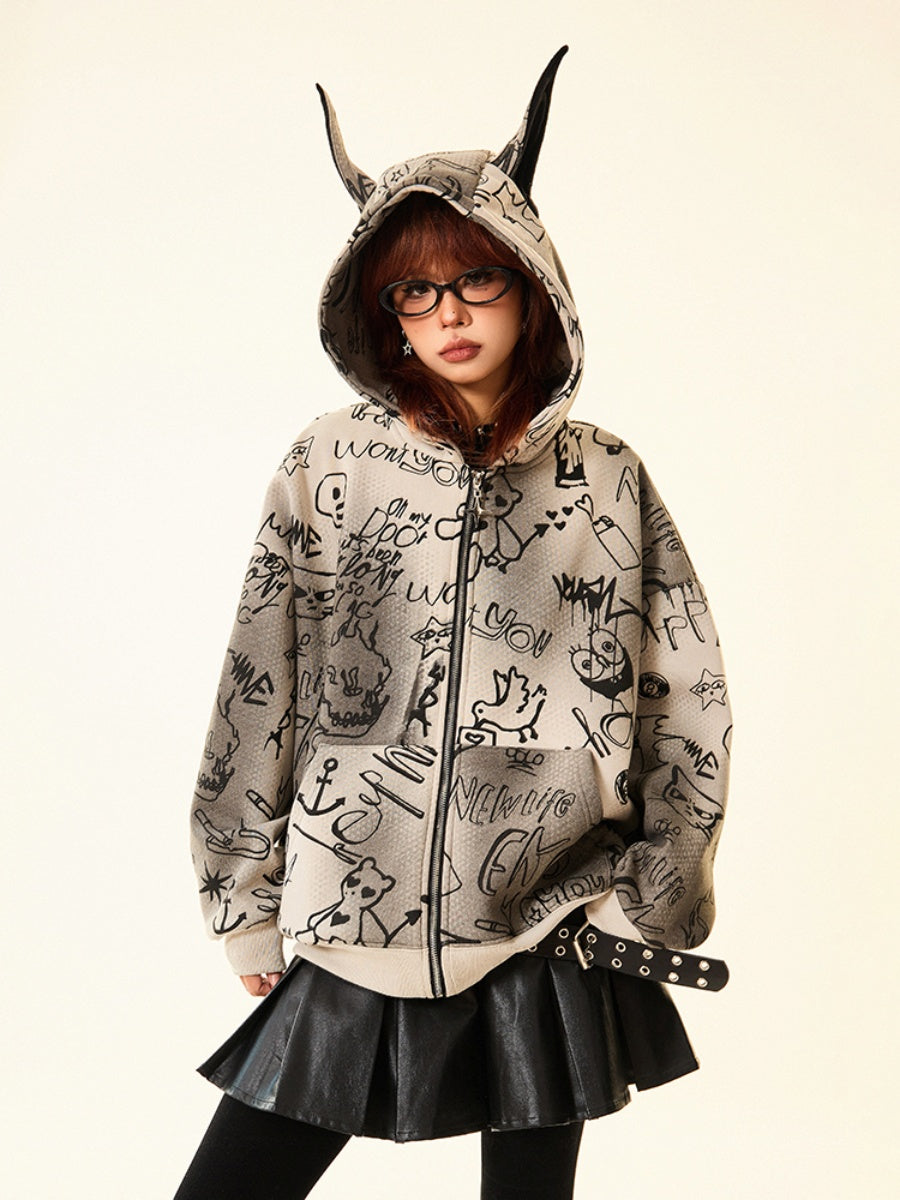 Doberman Ear Hooded Graphic Print Zip-Up Parka MW9701