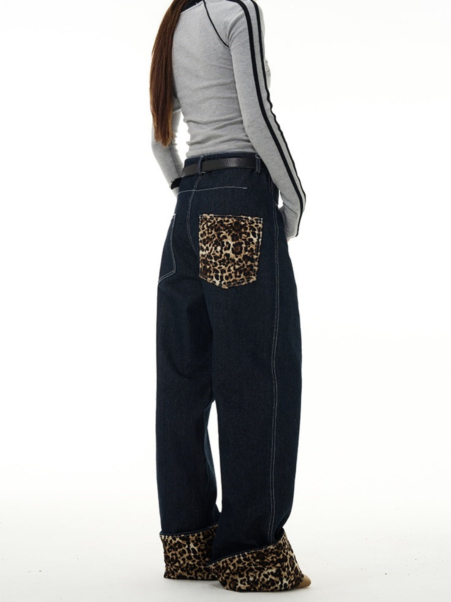 Rolled Leopard Print Loose Straight Jeans MW9273