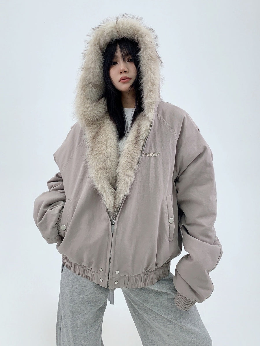 Fur Collar Hooded Zipper Quilting Jacket MW9638