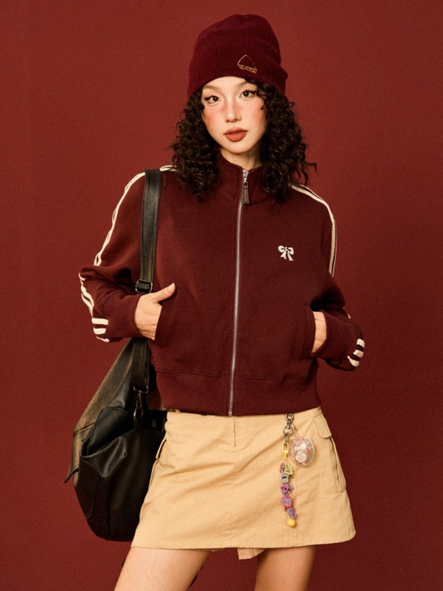 Retro College Bow Embroidery Cropped Track Jacket MW9430