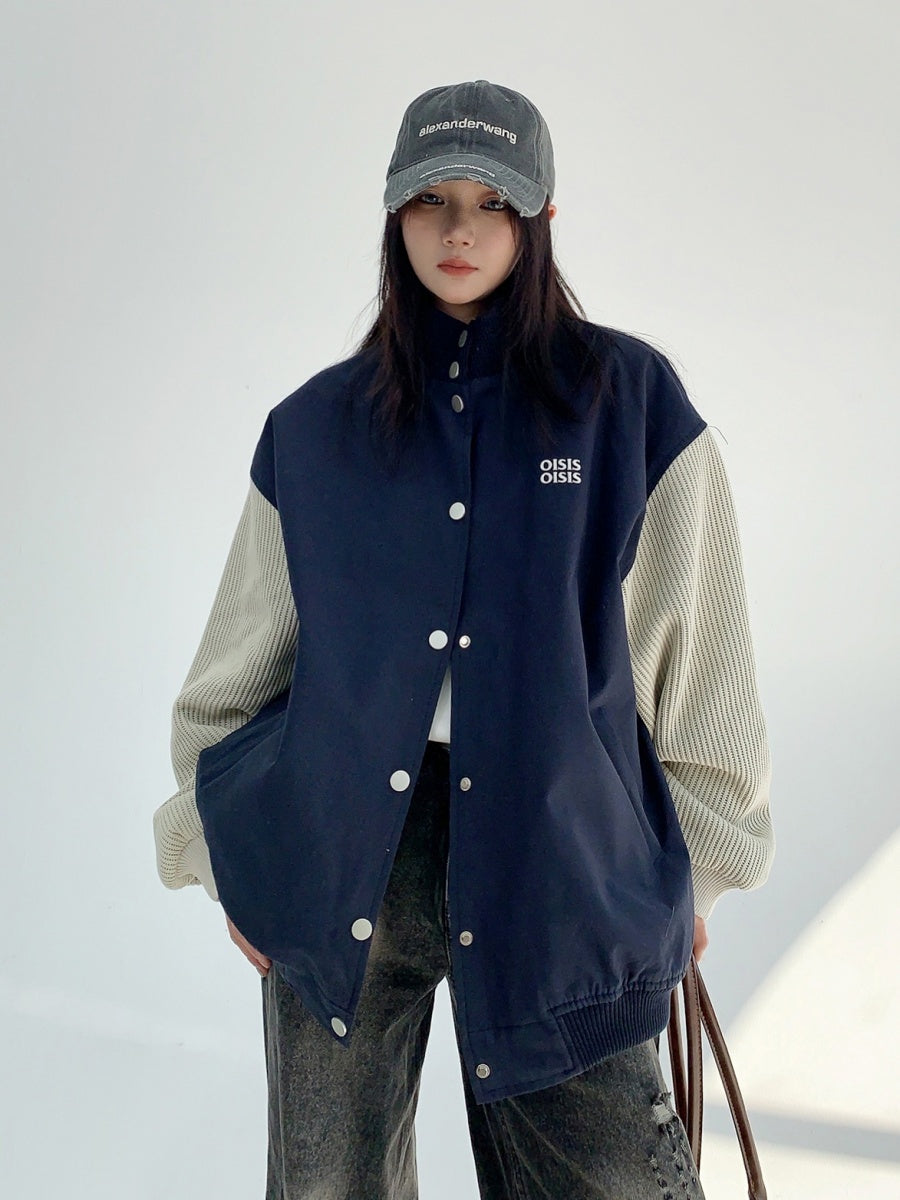 Contrast Stand Collar Baseball Jacket MW9852