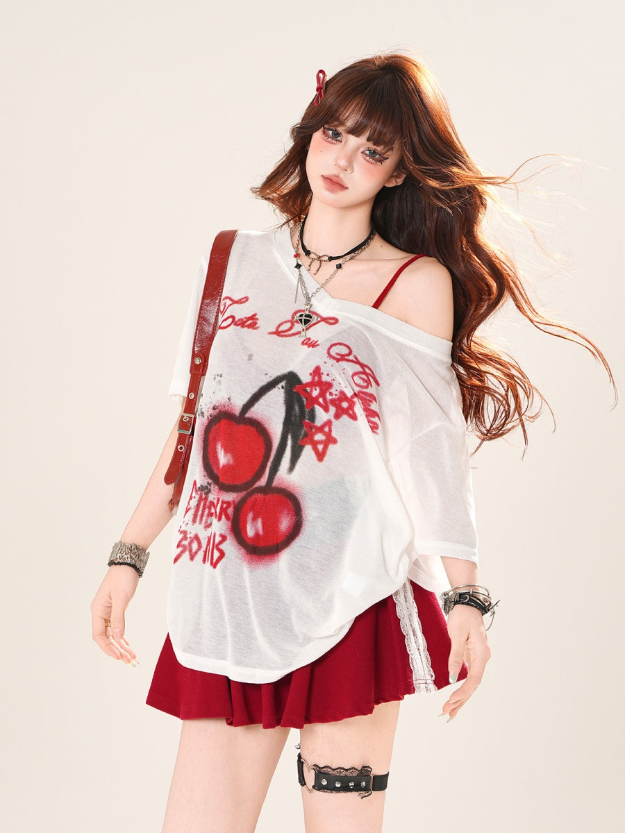 Cherry Print Loose Slanted Shoulder T-Shirt KK2035