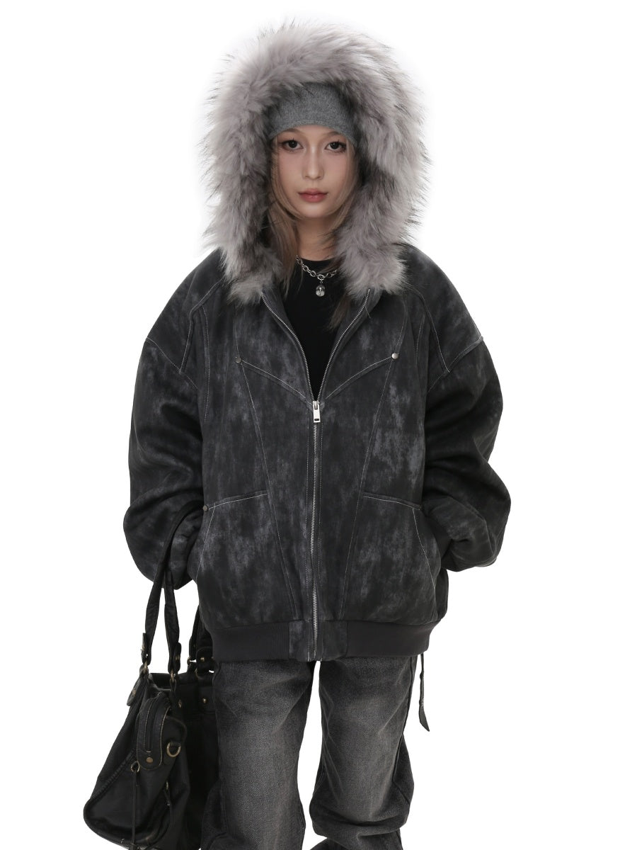 Tie-dye Hooded Fur Collar Jacket MW9755