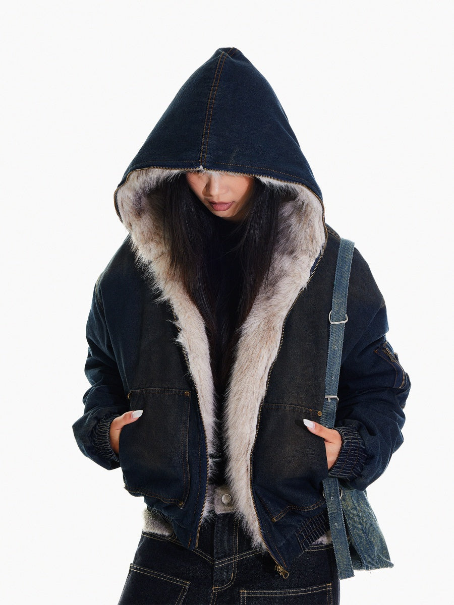 Fur Stitch Denim Hooded Quilting Jacket HG7198