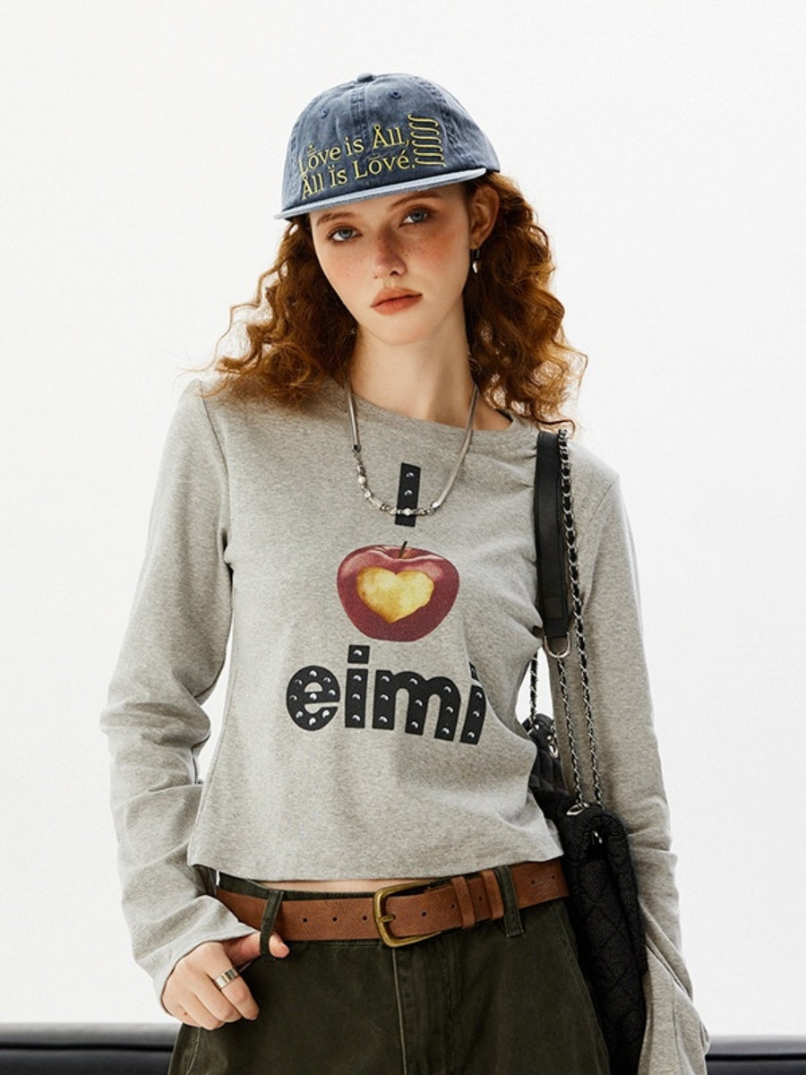 Apple Letter Print Long Sleeve T-Shirt MW9916