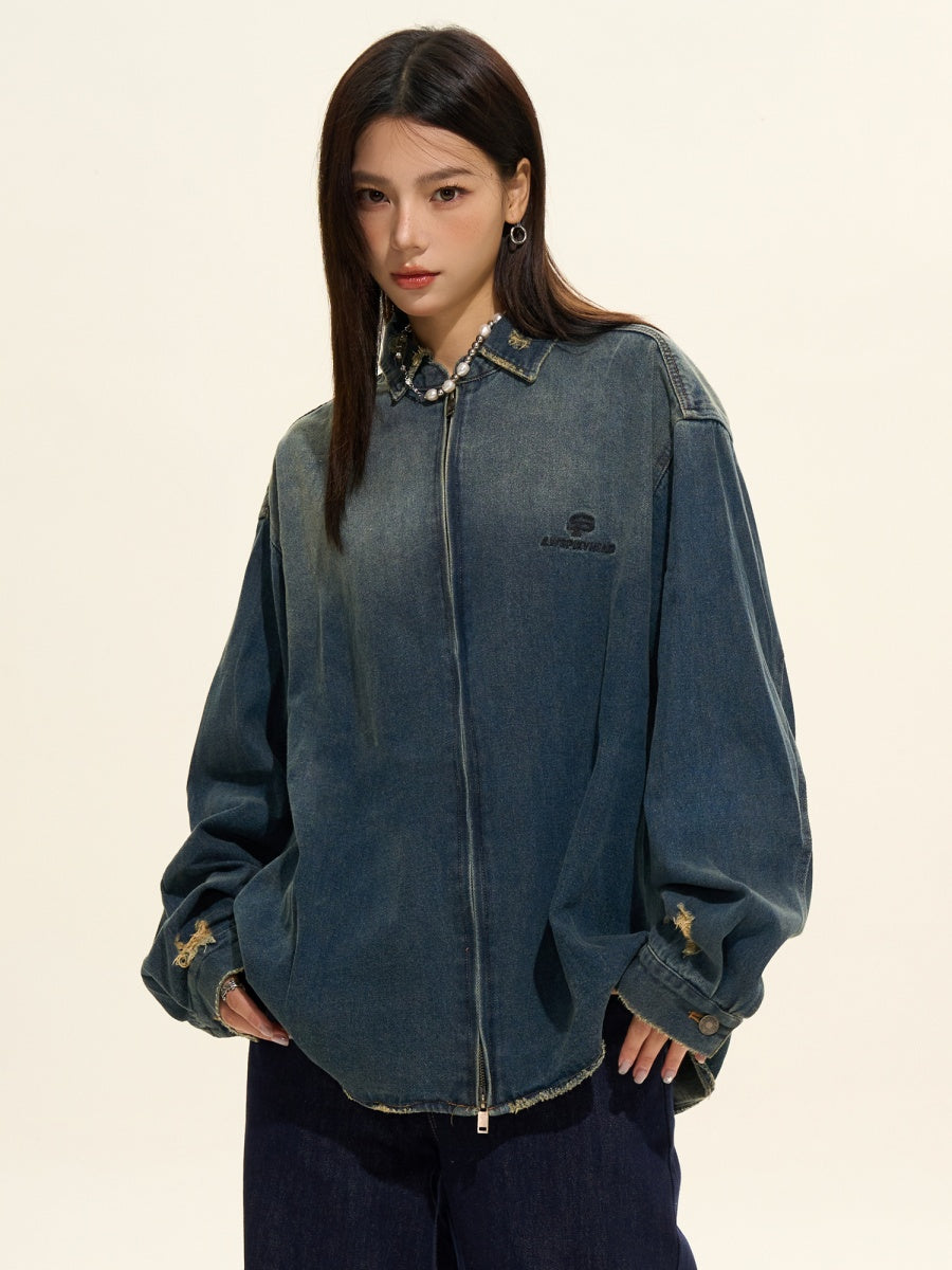 Gradient Zip Ripped Denim Jacket MW9368