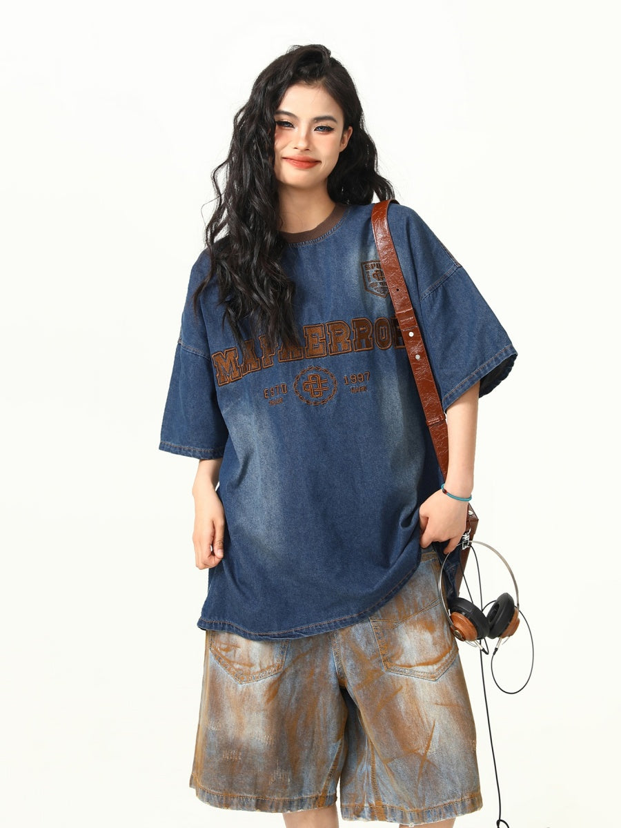 Embroidery Washed Denim Loose T-Shirt HG7147