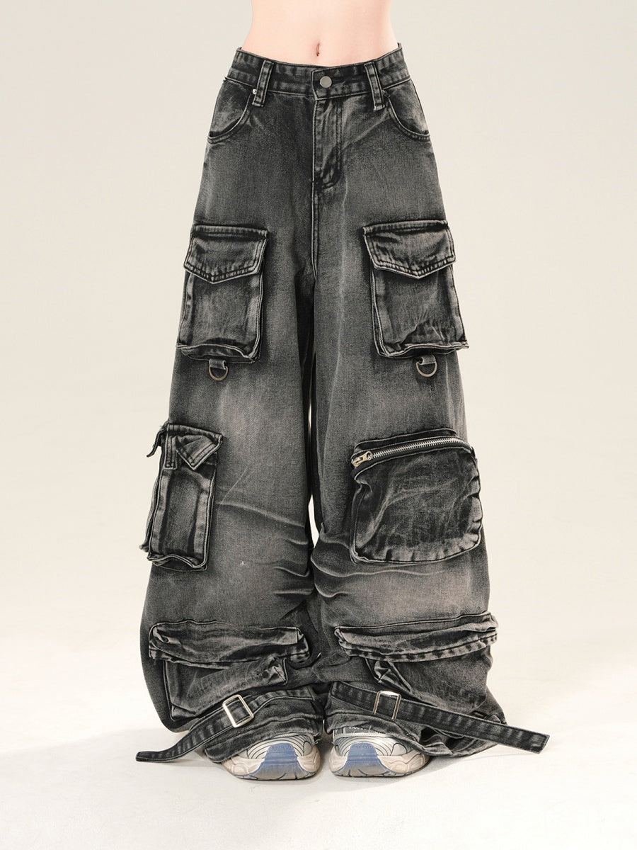 Vintage Wash Loose Cargo Jeans KK2031