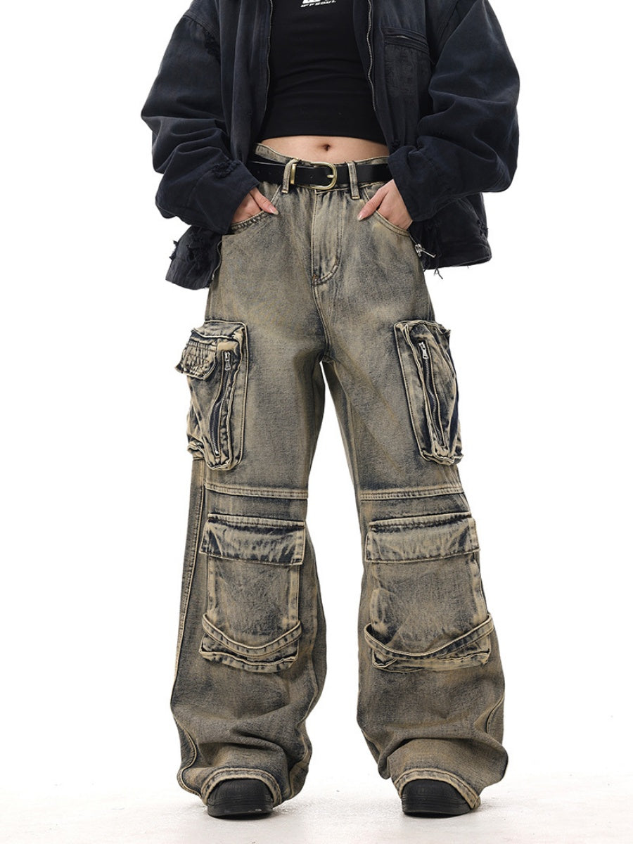 Washed Distressed Street Design Cargo Jeans MW9492