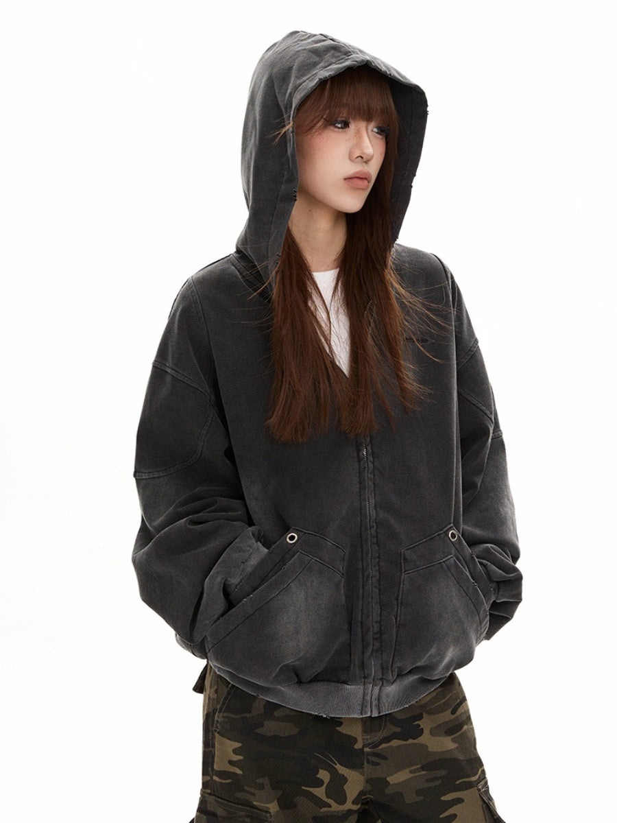 Wash Distressed Hooded Zip-Up Parka MW9493