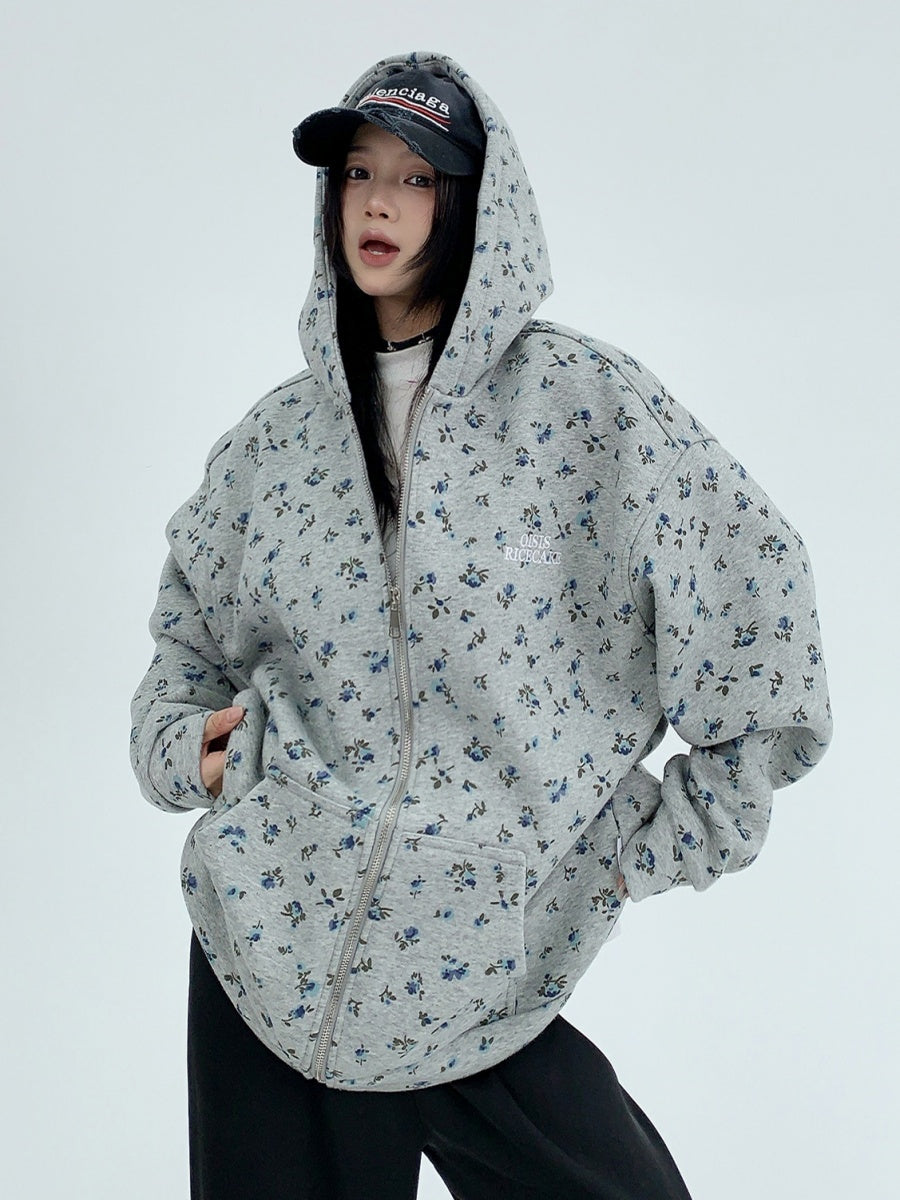 Small Flower Print Zip Hooded Sweat MW9507