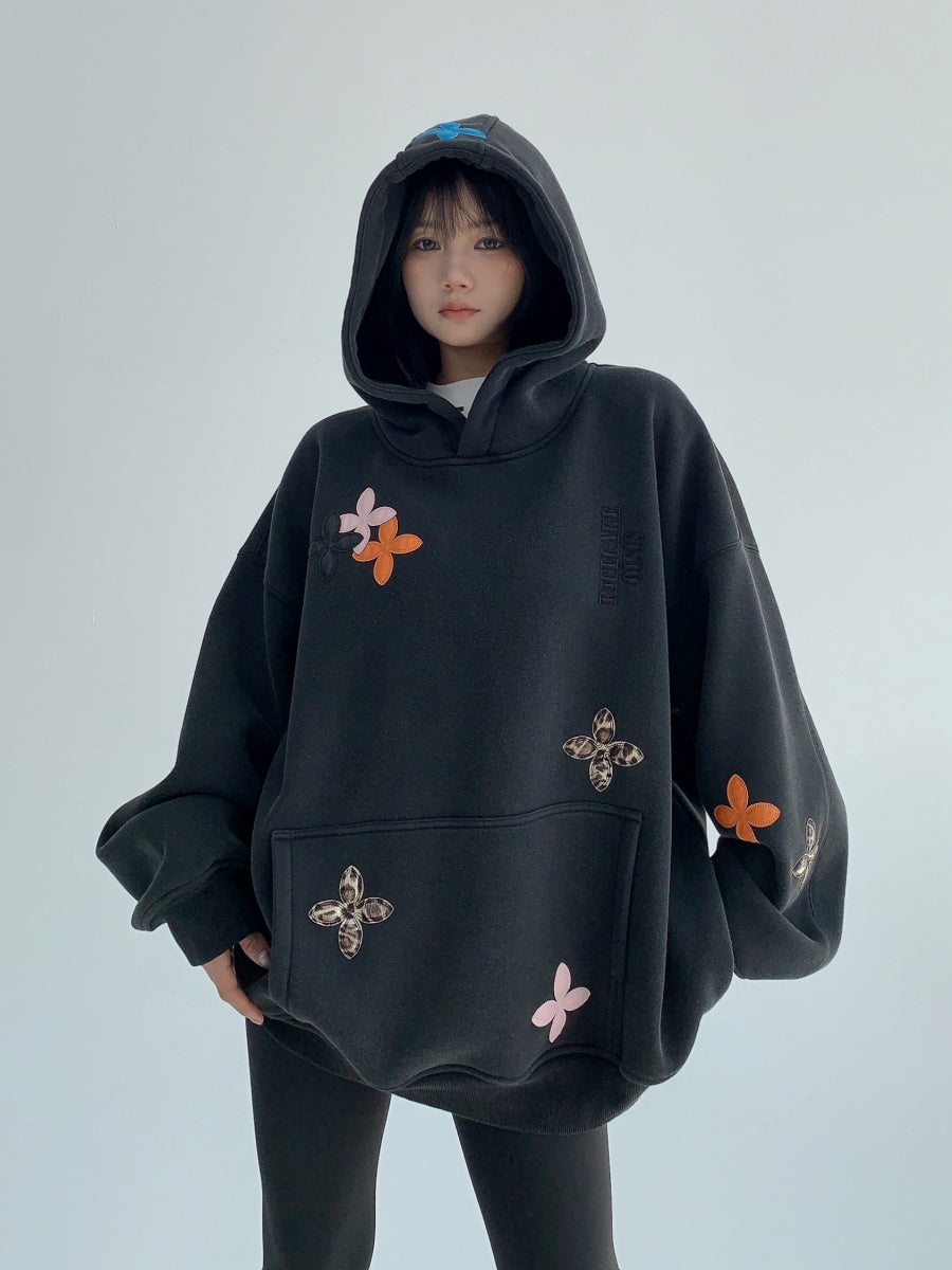 Veneer Embroidery Loose Sweat Hoodie MW9589