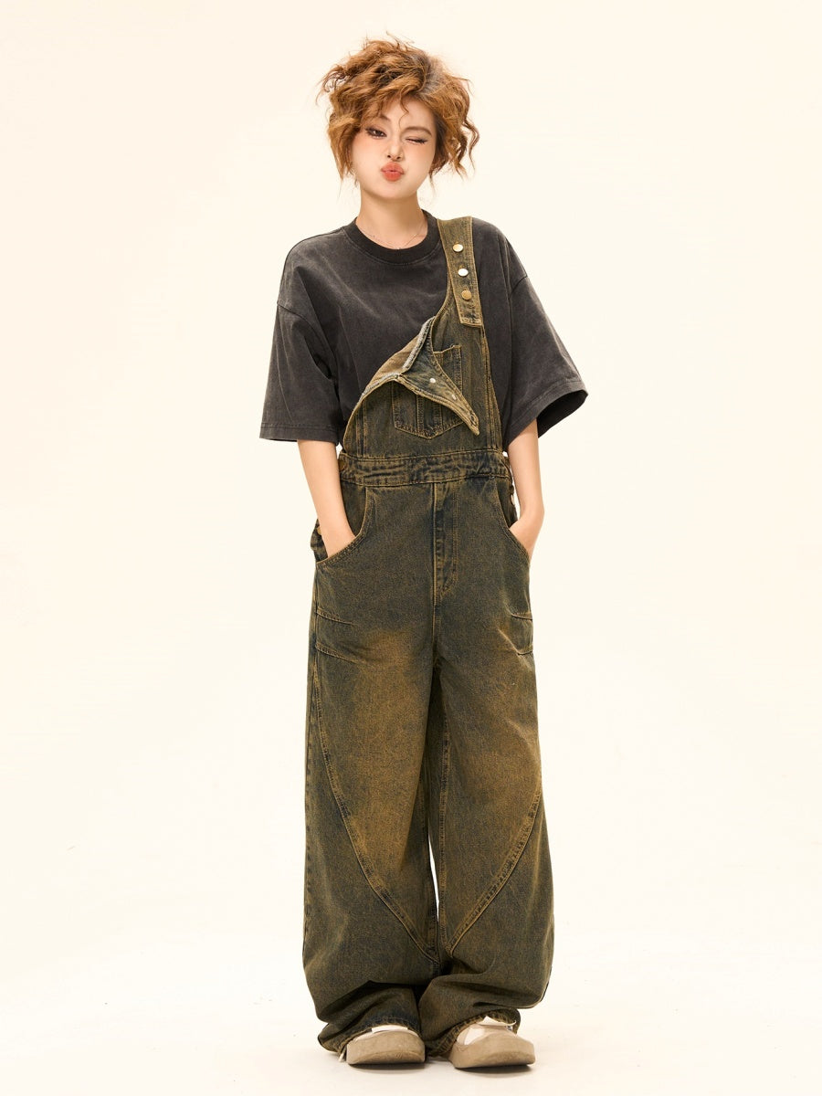 Washed Distressed Design Denim Overall MW9336