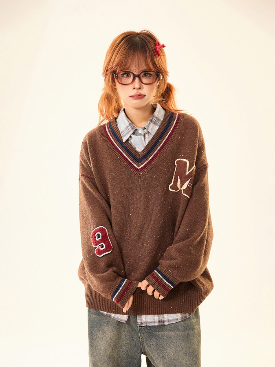 College Style Loose V-neck Sweater MW9530