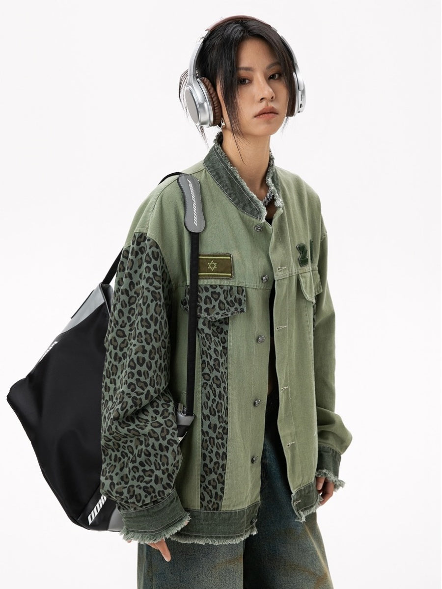 Wash Leopard Print Stitched Stand Collar Jacket MW9486