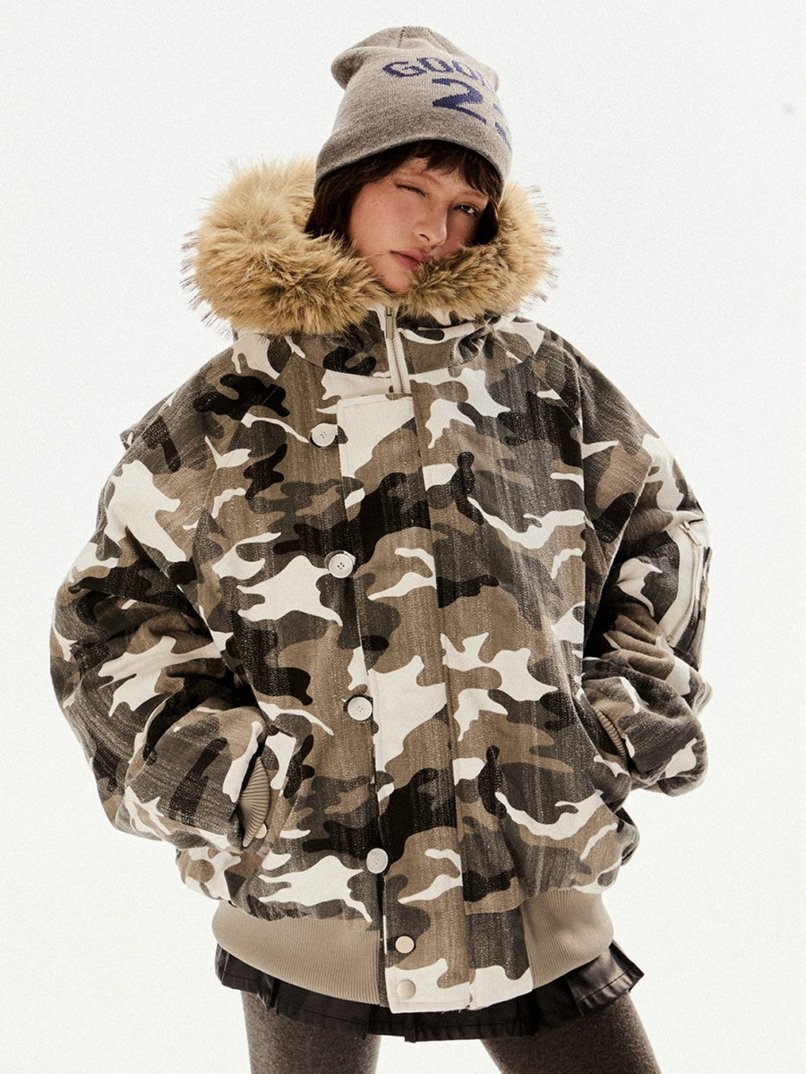 Fur Collar Hooded Camouflage Zipper Jacket EZ194