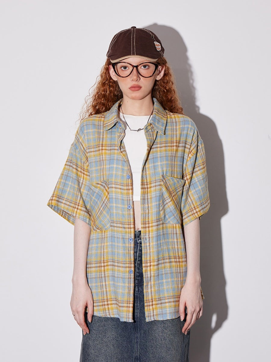 Retro Plaid Double Pocket Short Sleeve Shirt BT7012