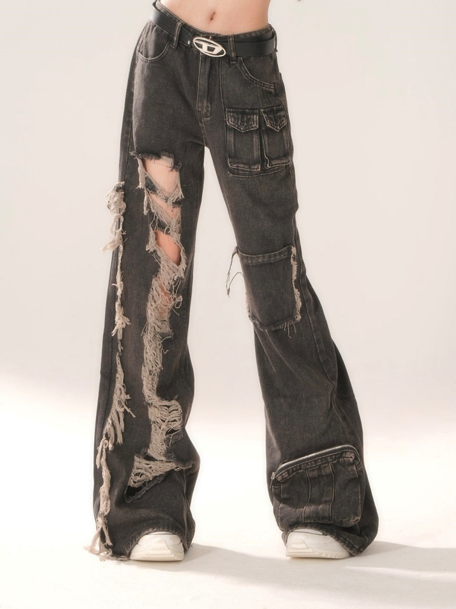 Destruction Piercing Half Design Cargo Jeans KK2011