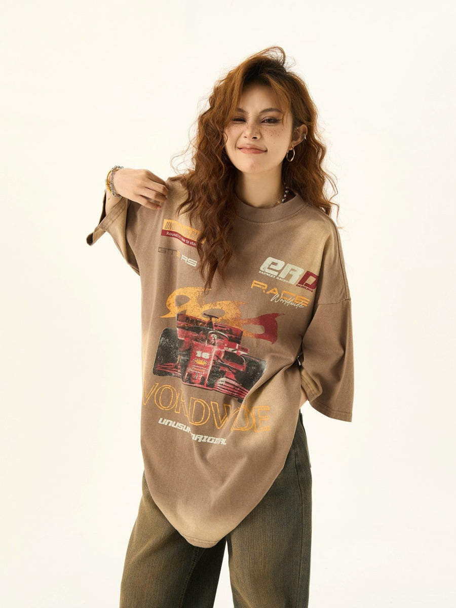 Race Car Tie-dye Print Loose T-shirt HG7079