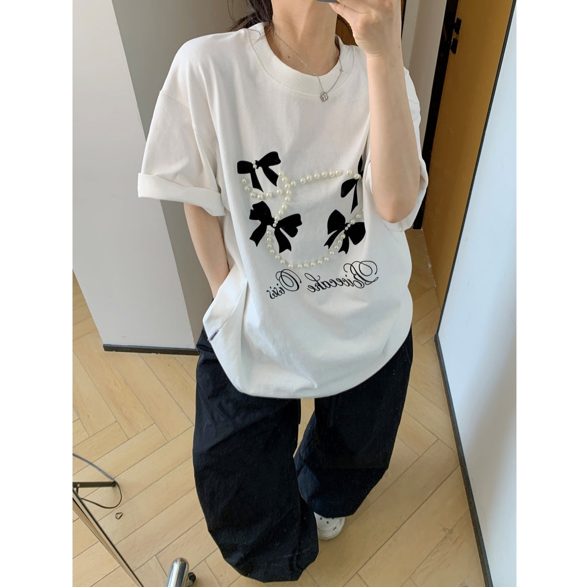 Flocking Bow Beads T-shirt MW10076