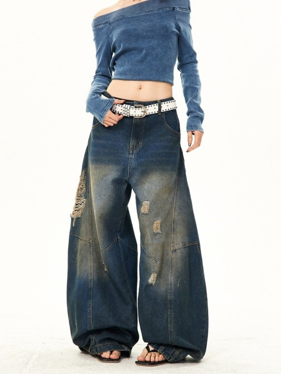 Retro Washed Ripped Stitch Design Loose Jeans YS7007