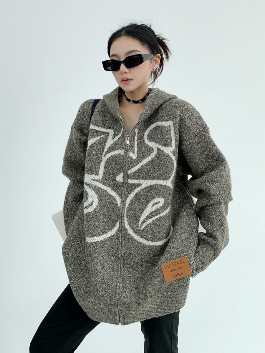 Jacquard Loose Hooded Knitted Zip Jacket MW9550