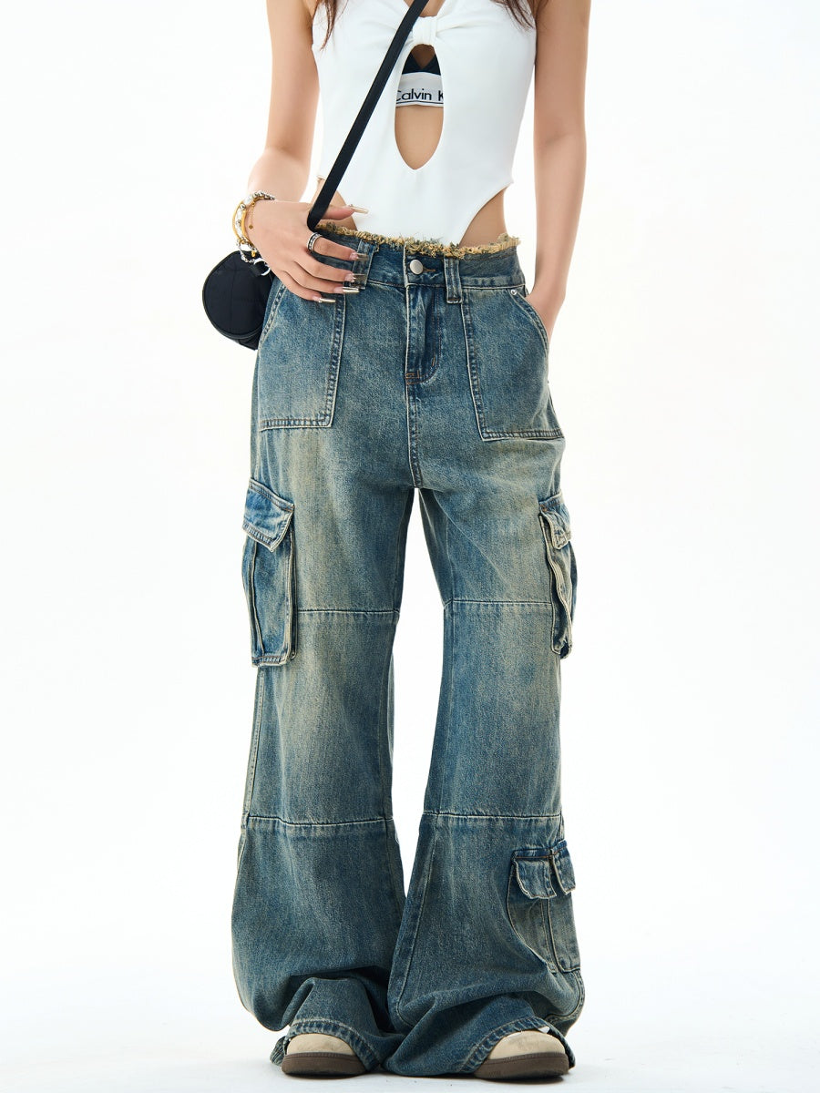 MULTI-POCKET BRUSHED DESIGN CARGO DENIM HG7016