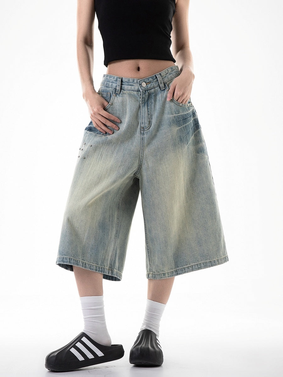 Stud Design Wide-Leg Denim Half Pants IC9027