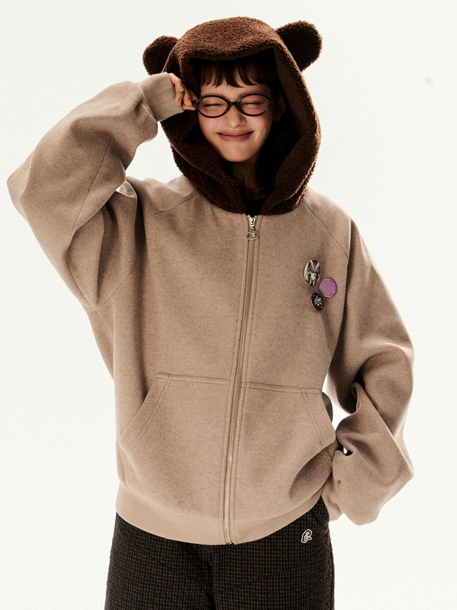 Raglan Sleeve Bear Design Hooded Zipper Jacket EZ196