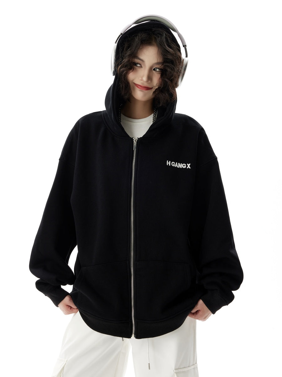 Simple Embroidered ZIP-Up Hooded Parka HG7181