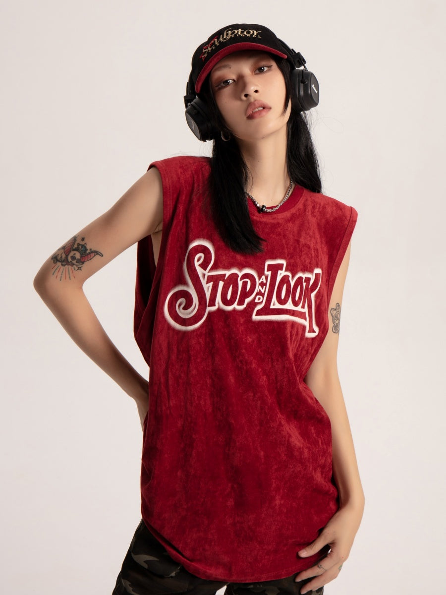 Color-changing Letter Suede Touch Sleeveless T-shirt EZ127