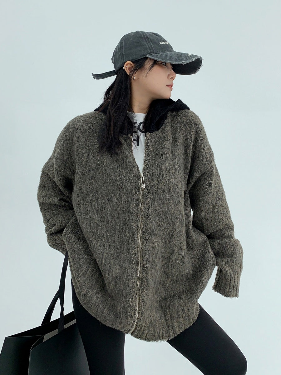 Bristles Contrast Thickened Knitted Hooded Jacket MW9612