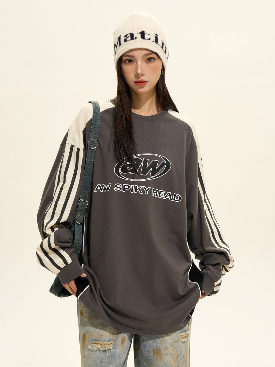 Sporty Contrasting Three-bar Long Sleeve Pullover MW9402