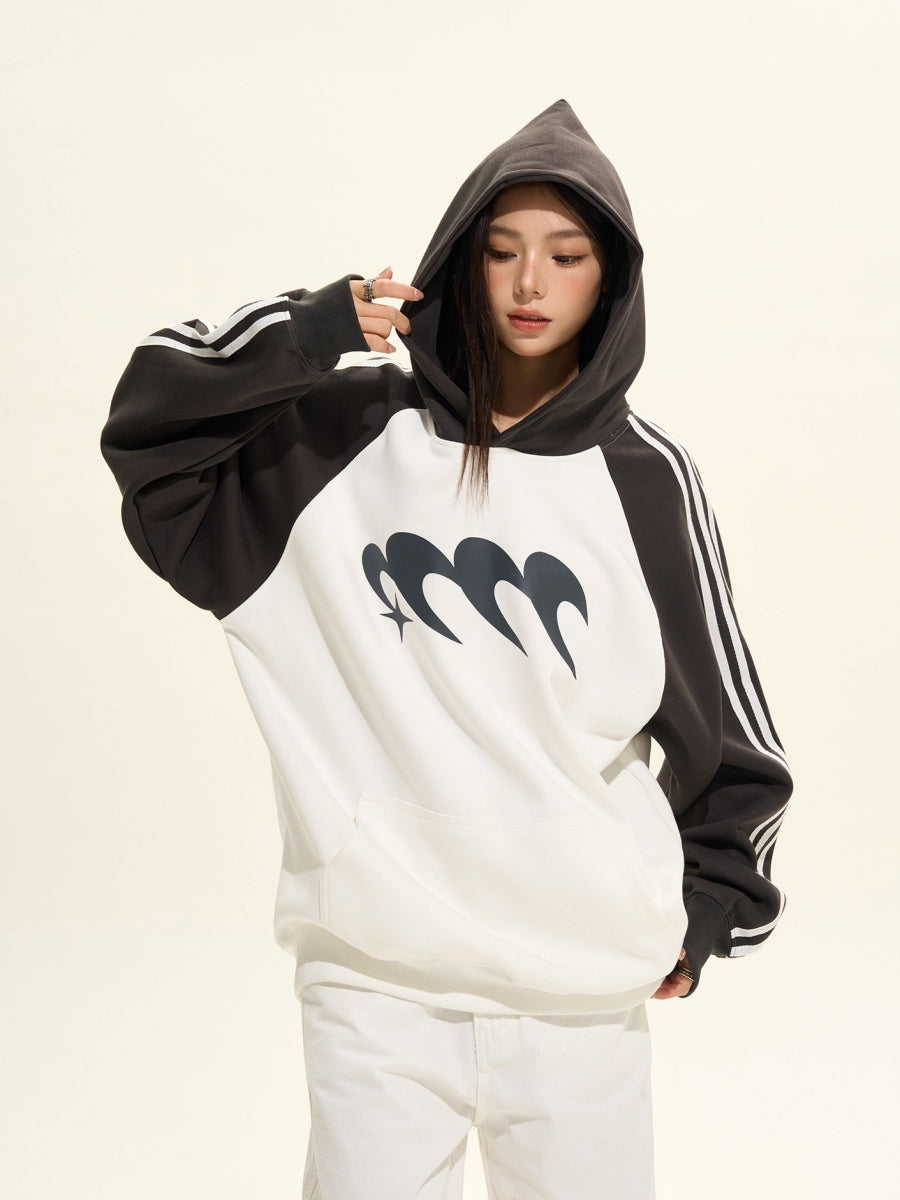 Contrasting Print Raglan Sleeve Hooded Sweat MW9344