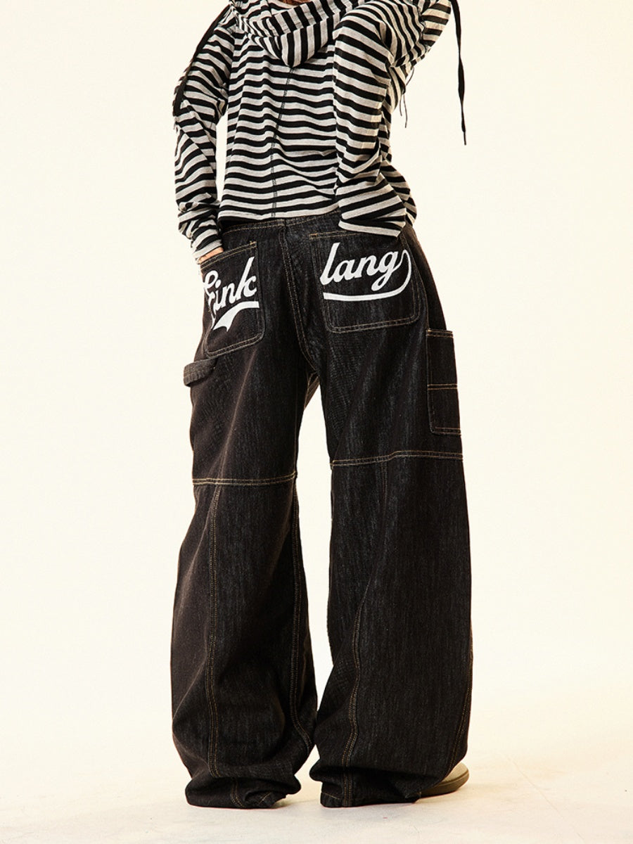 Back Print Loose Barrel-Leg Work Jeans MW9700