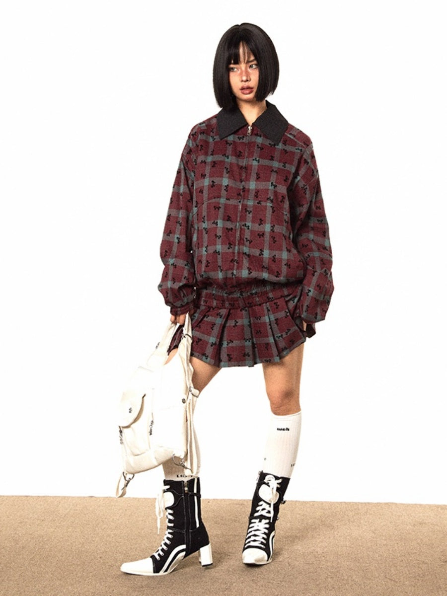 【上下別売り】Bow Print Contrast Plaid Jacket & Pleated Short Skirt Set-up MW9494