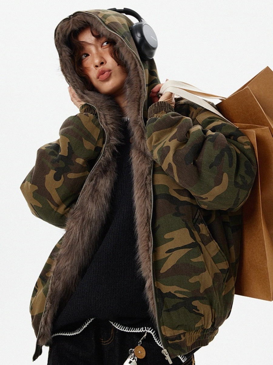 Fur Collar Camouflage Padded Hooded Jacket MW9720