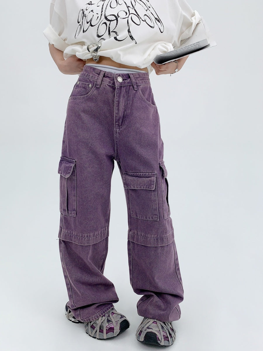 Wash Purple Straight-leg Denim Cargo Pants MW9315