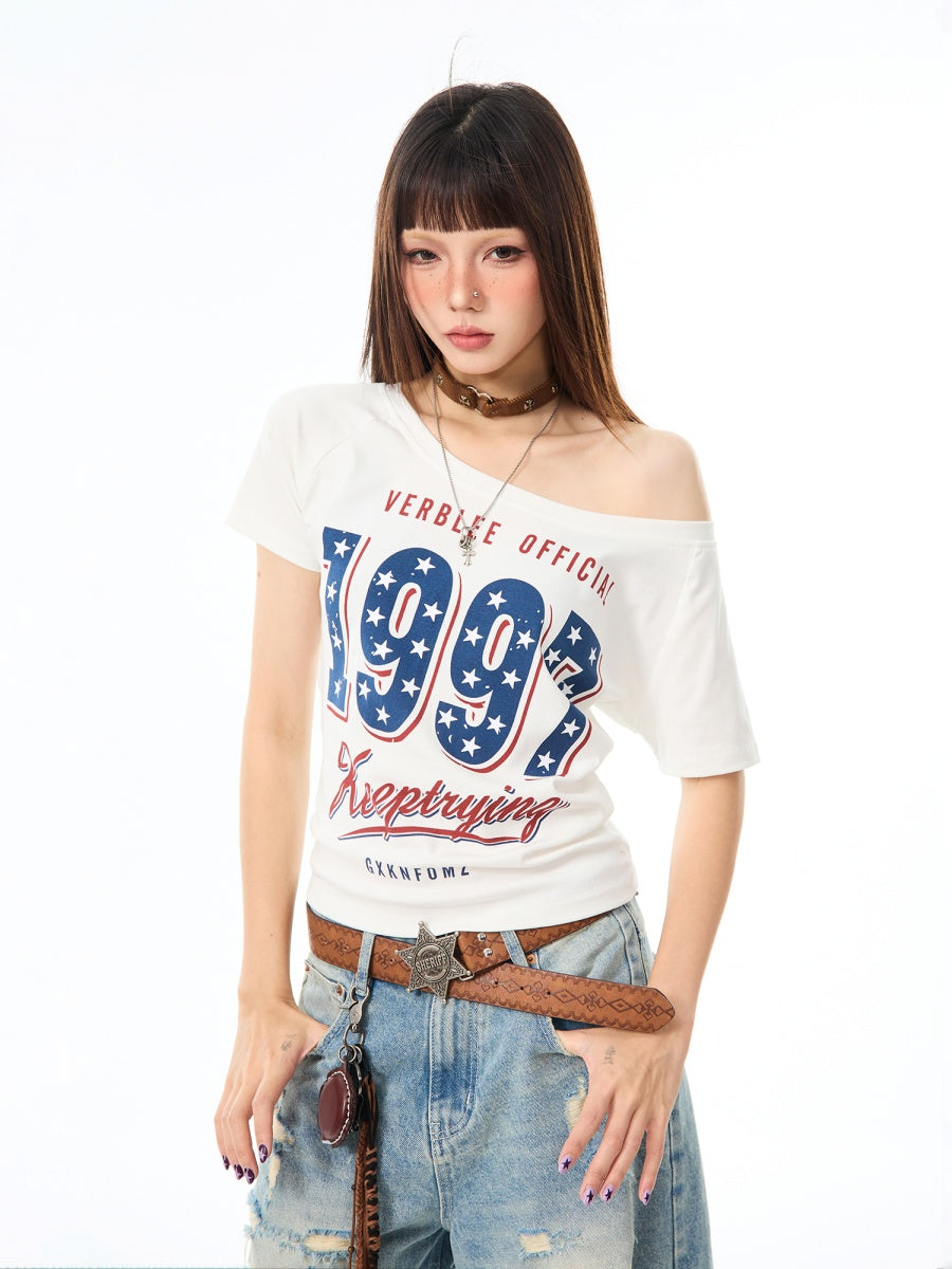 American Star Print Slanted Shoulder T-shirt MW10096
