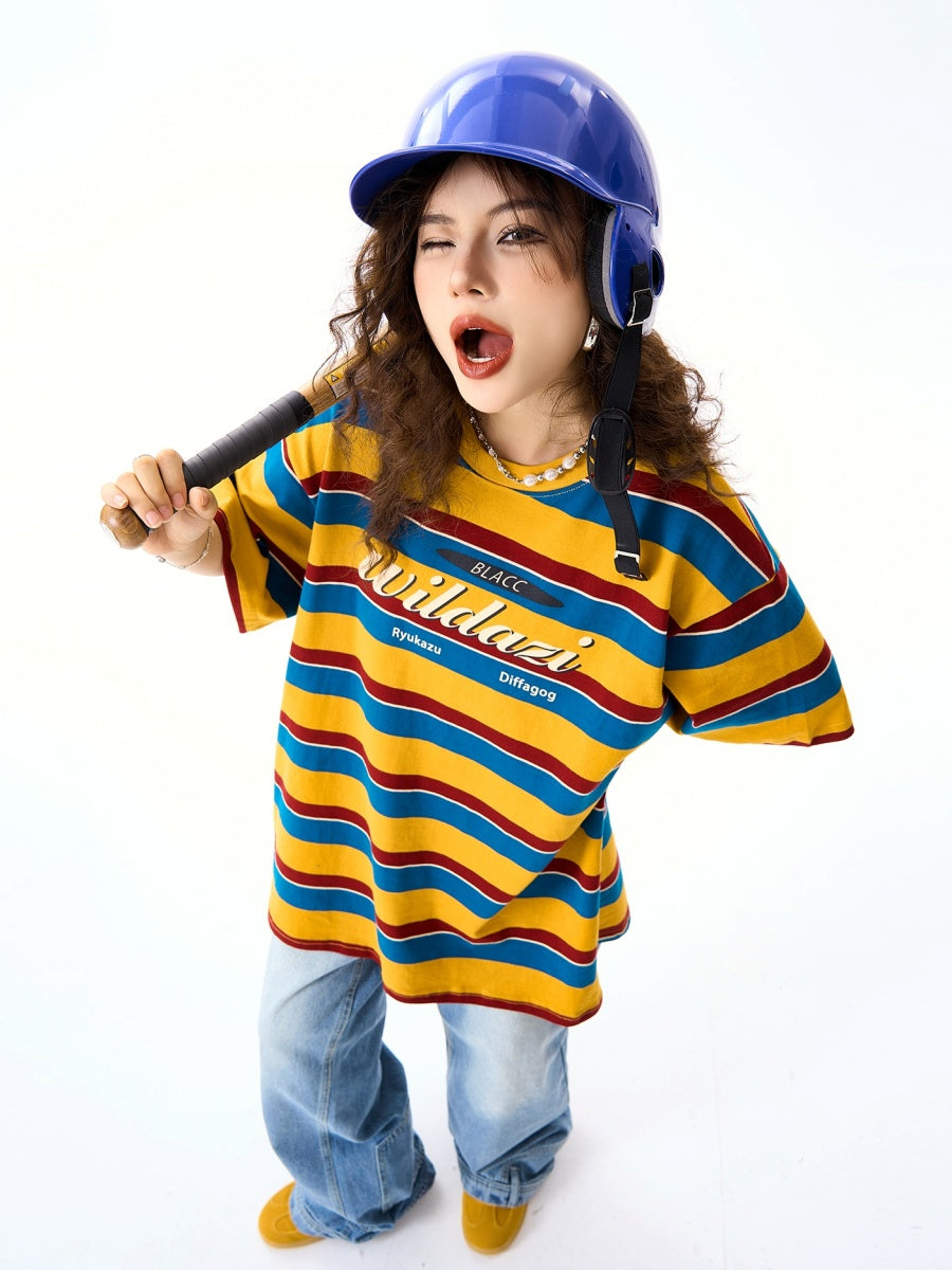 Multi Border Short Sleeve Loose T-shirt HG7126