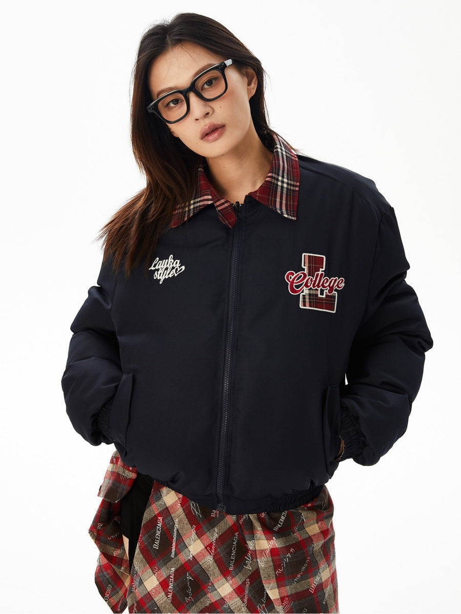 Plaid Lapel Reversible Zip-Up Padded Jacket MW9622