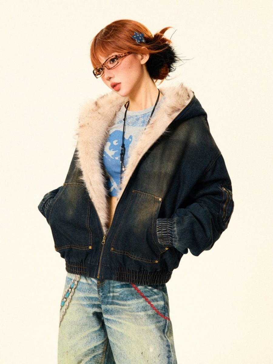 Fluffy Fur Denim Hooded Jacket MW9703