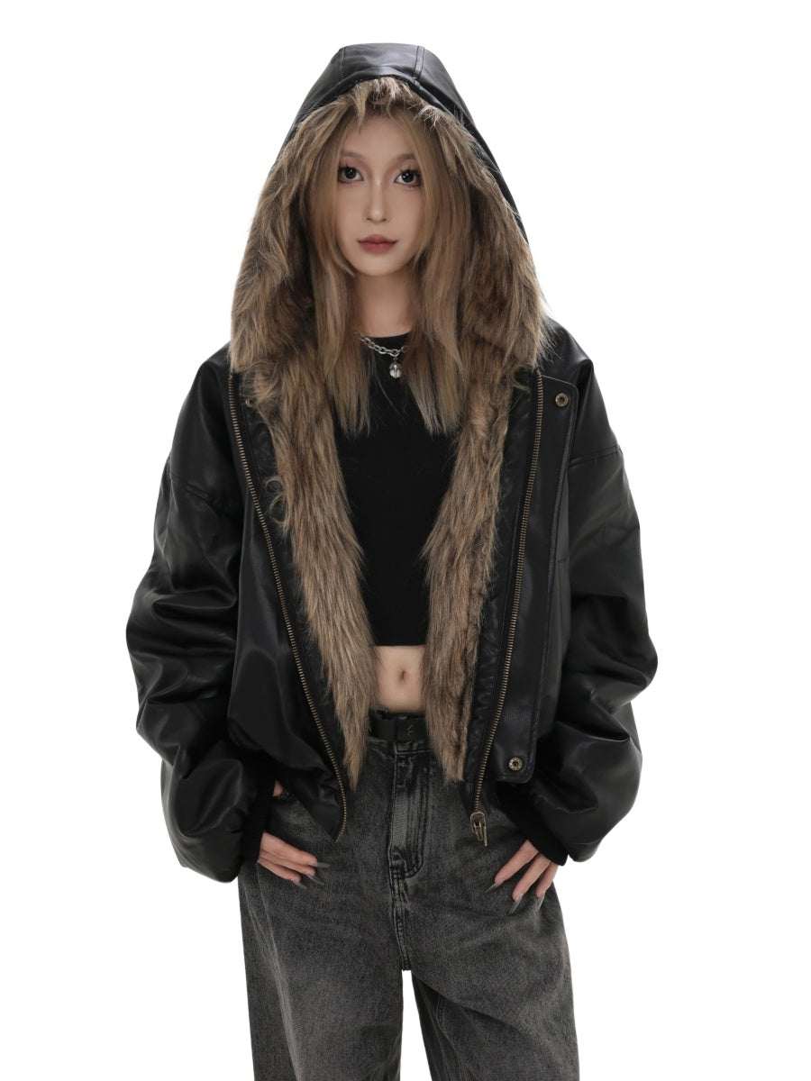 PU Leather Fur Lining Hooded Zipper Jacket GB7020