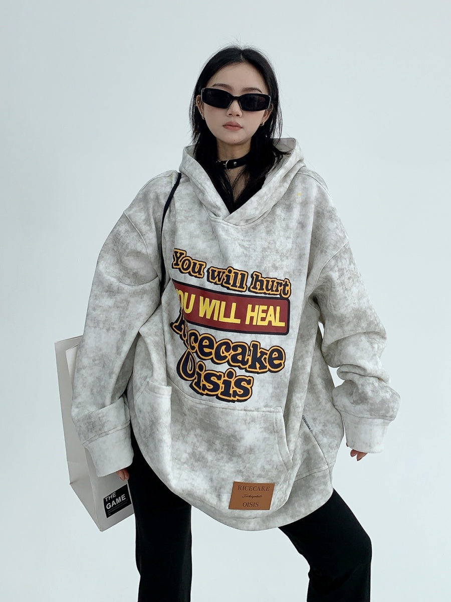 Distressed Pop Logo Printed Loose Hoodie MW9557