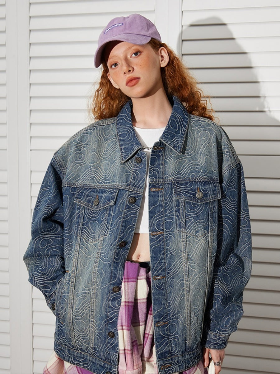 Geometry Pattern Embroidered Denim Jacket BT7024